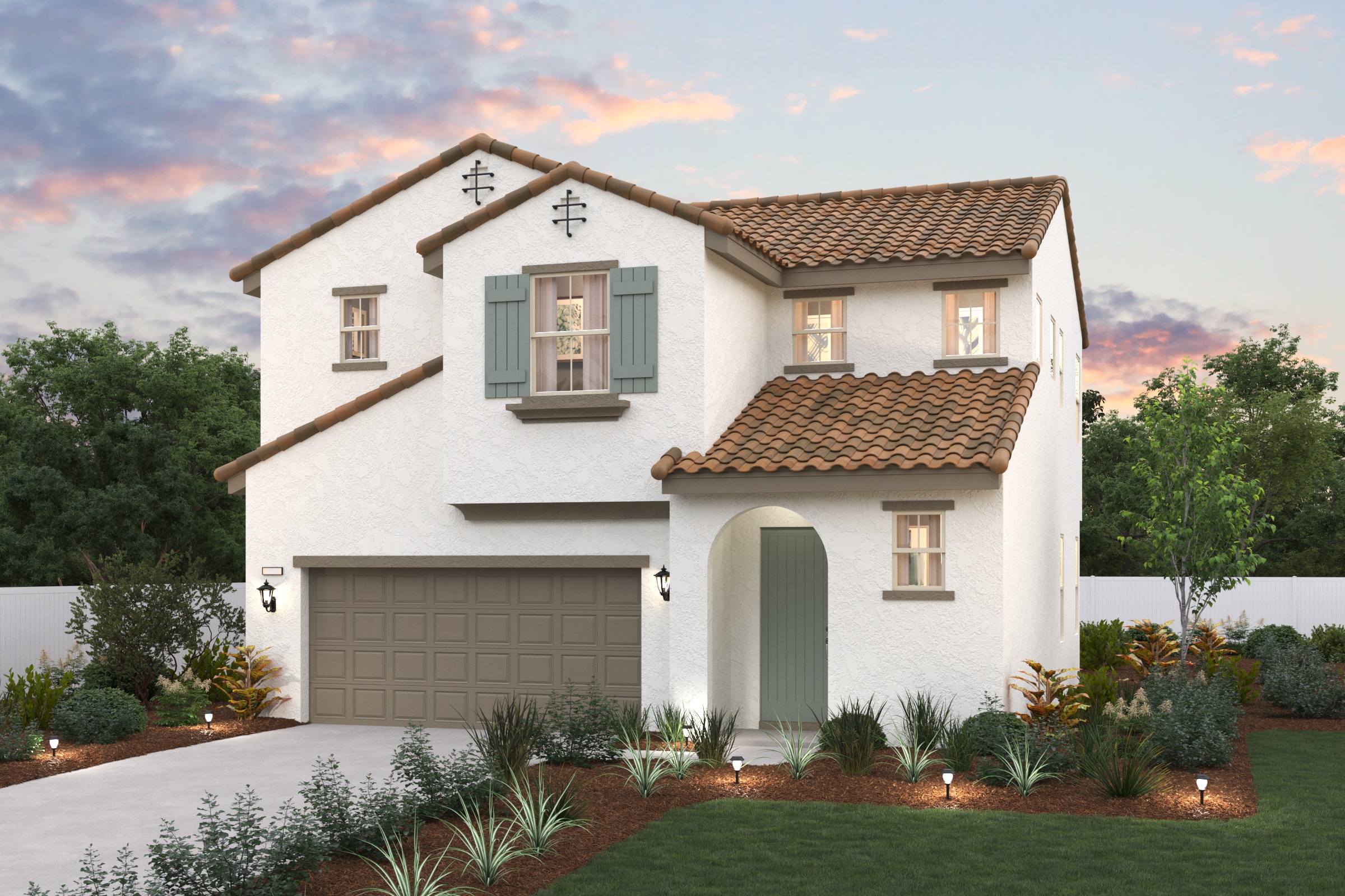 A white house with a garage.