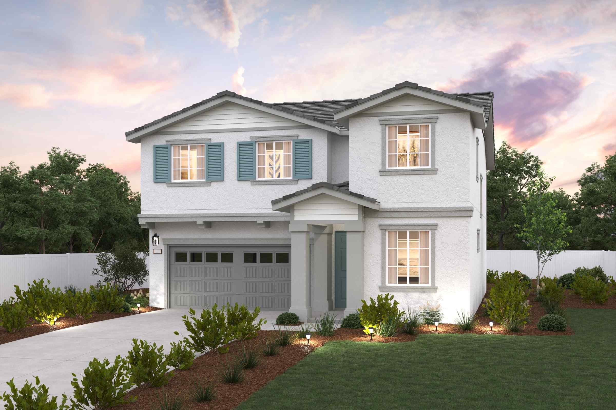 A white house with blue shutters.