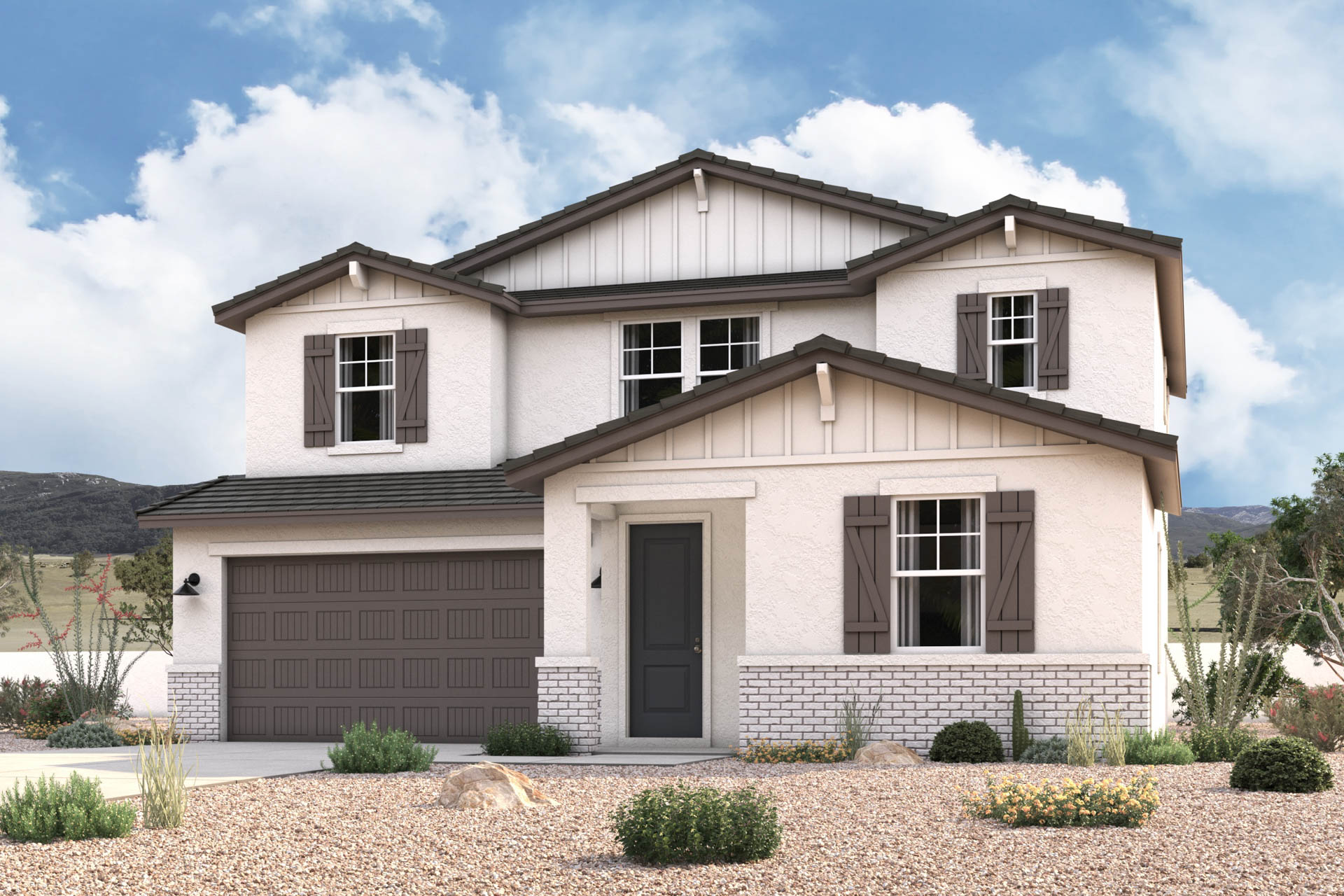 New Home Farmhouse exterior elevation rendering of 2 story 4-bedroom floor plan with an additional Study + Loft in Florence AZ Near Queen Creek USDA Loan VA Loan Eligible Near Hunt Highway with community Pool, Gym and more!