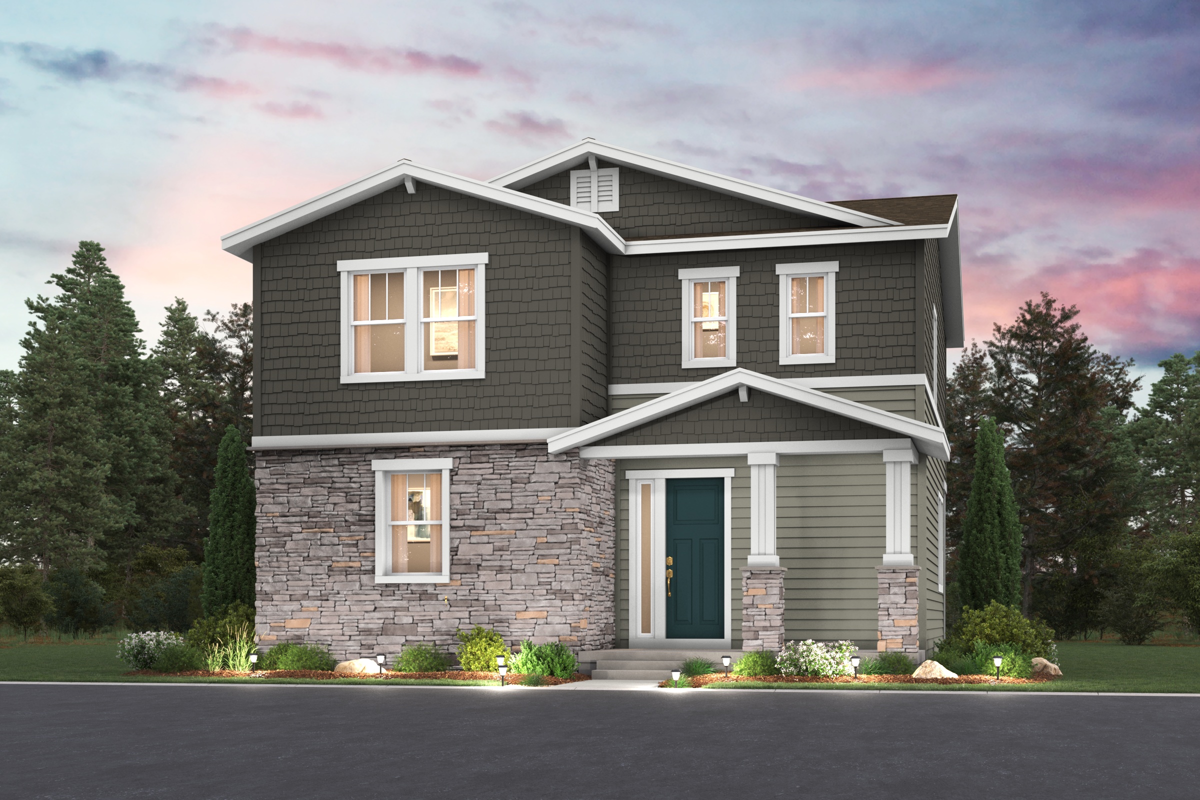 A house with trees around it. Ashton Floorplan home rendering with landscaping Elevation B