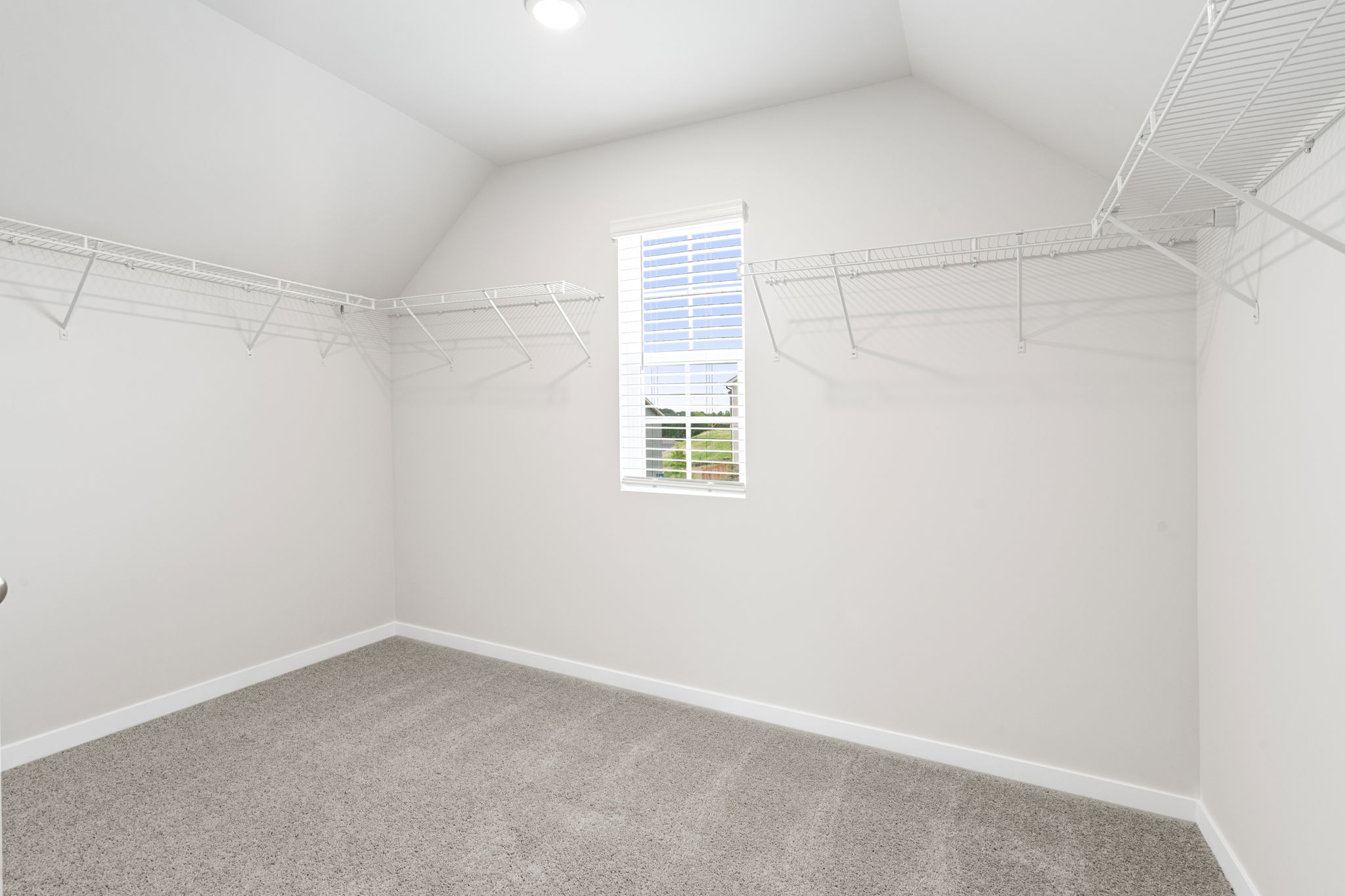A room with a window and a carpet.