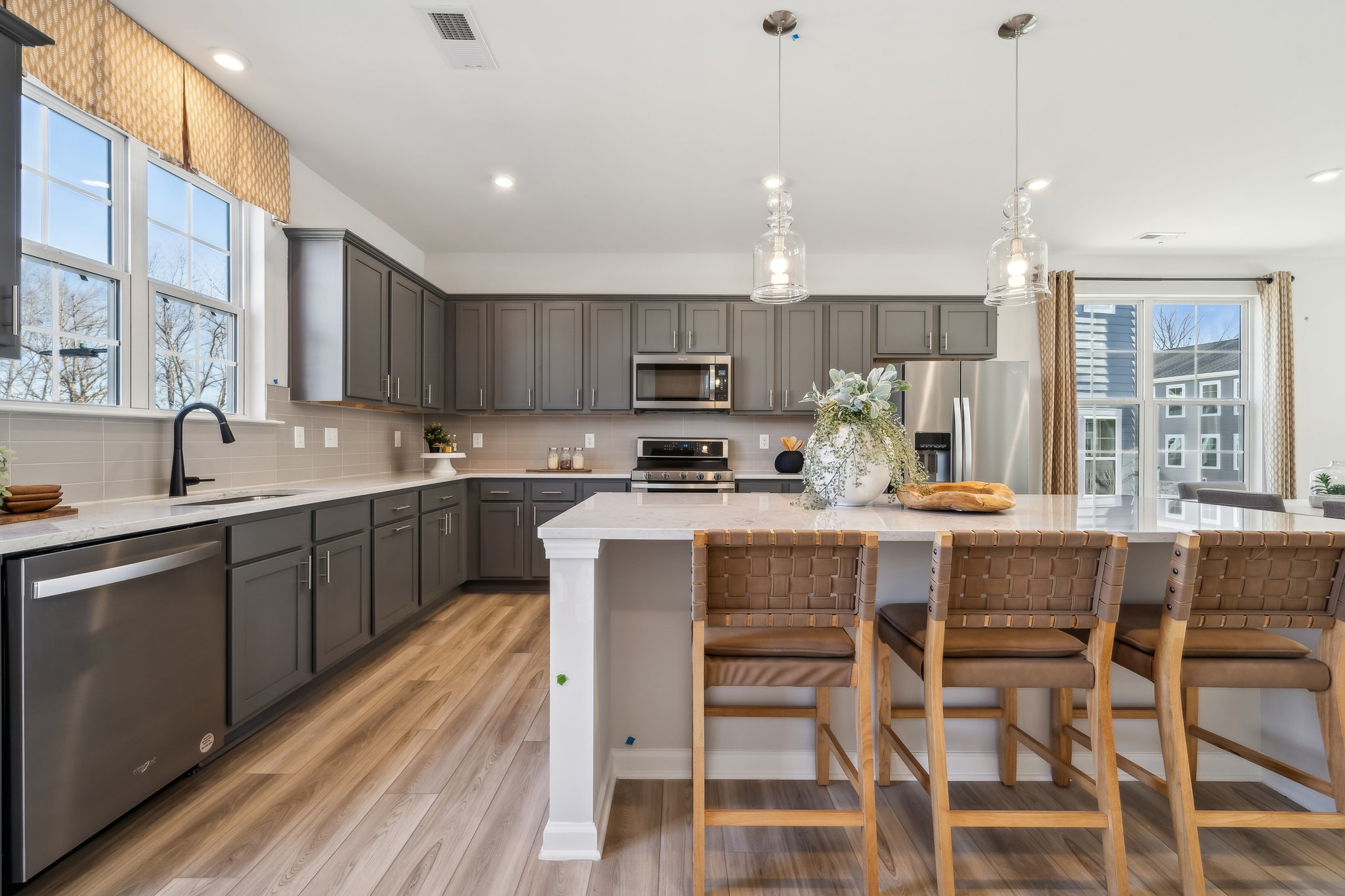 A kitchen with a large island.