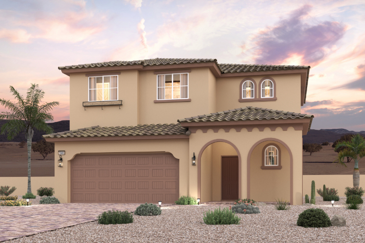 A house with a garage and palm trees.