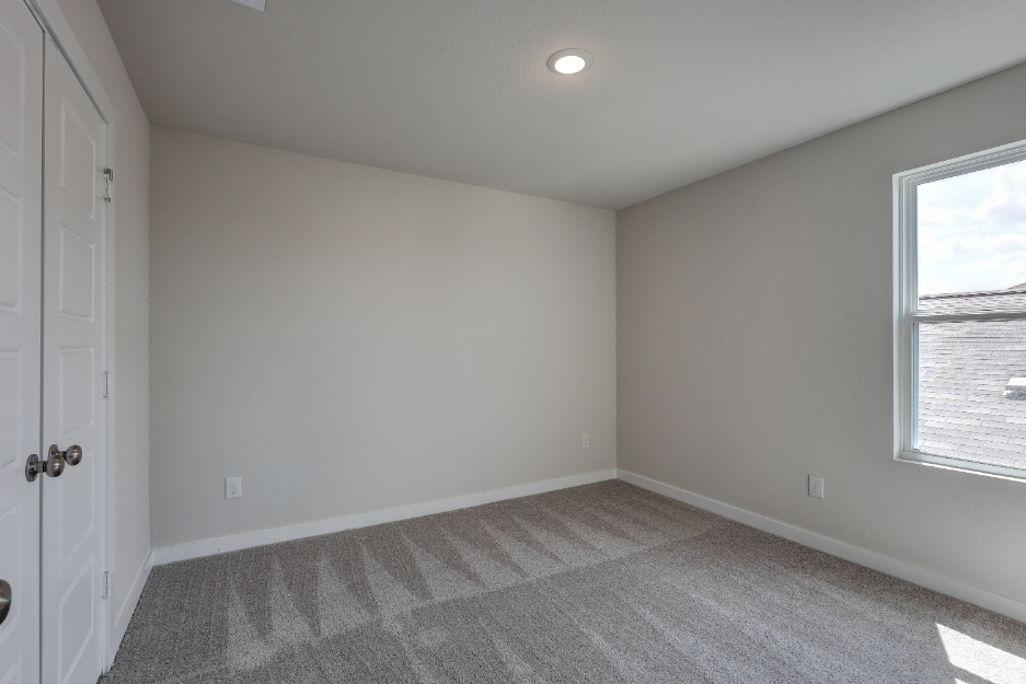 A room with a carpet and windows.