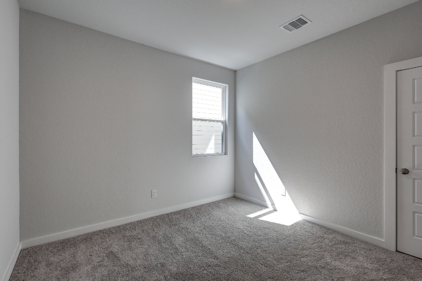 A room with a carpet and a door.