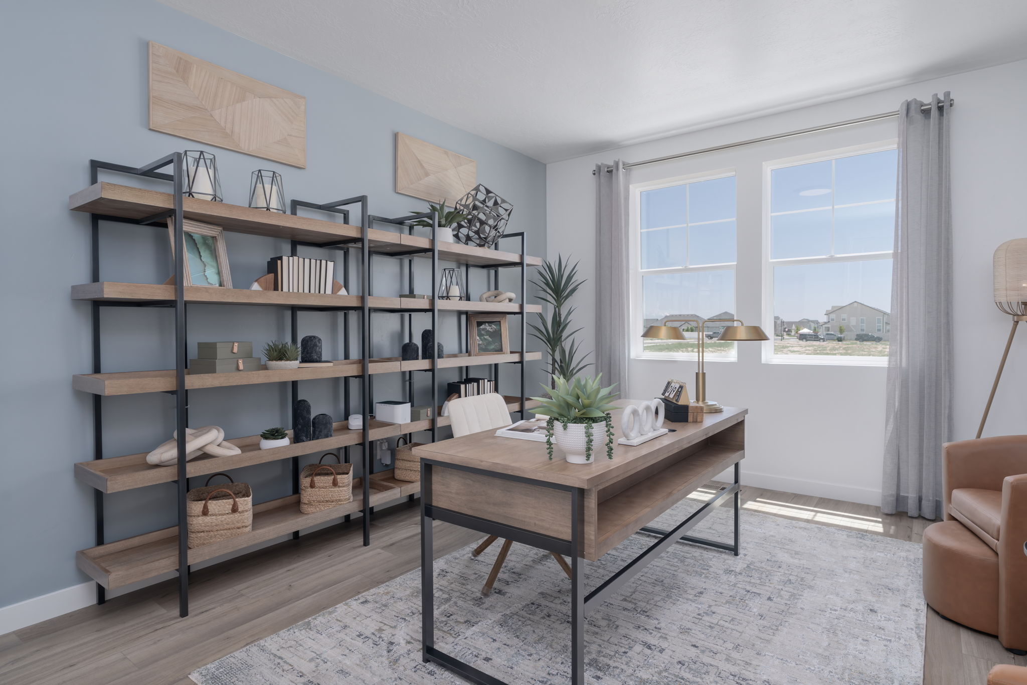 A room with a table and shelves.