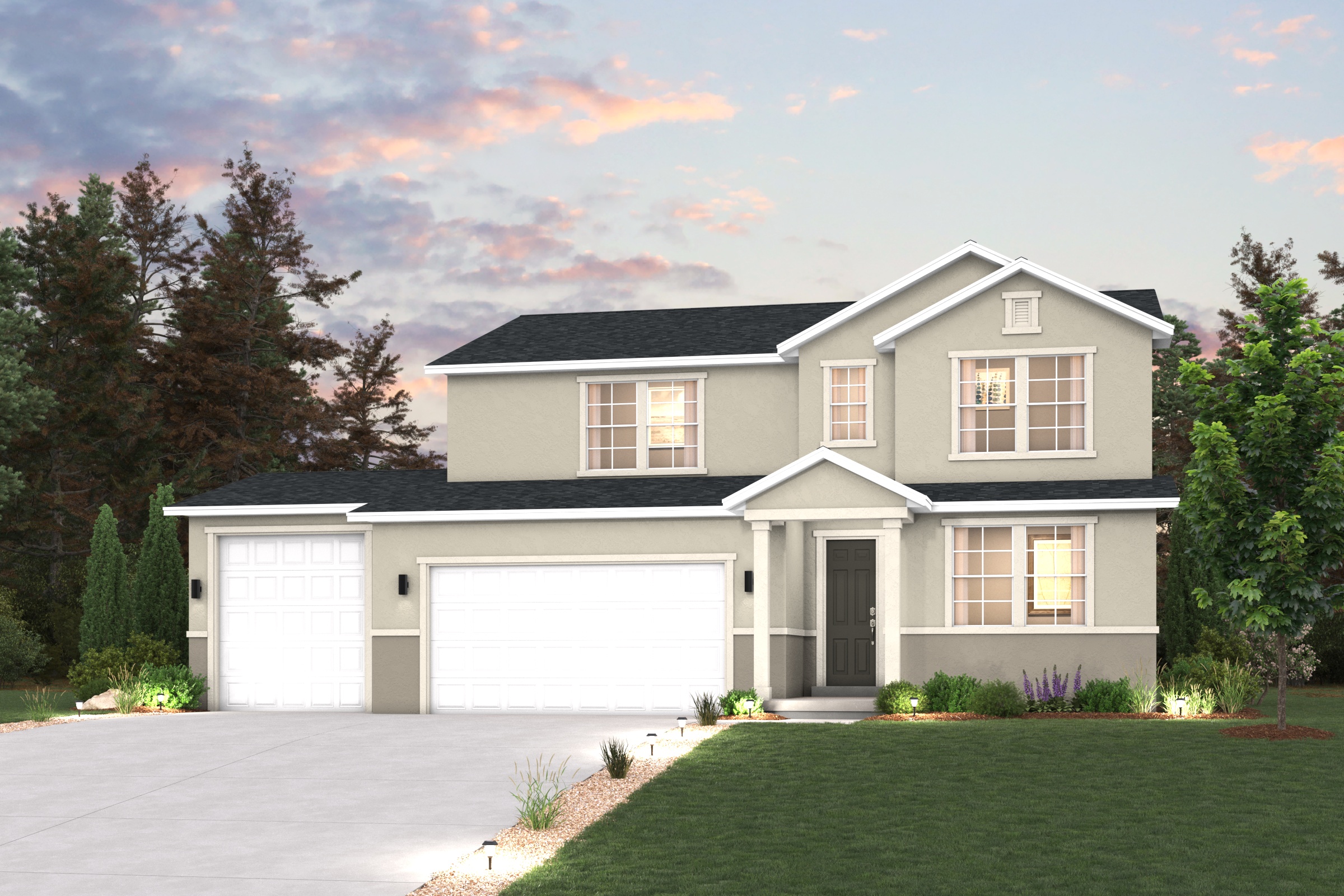 A house with a driveway and trees.