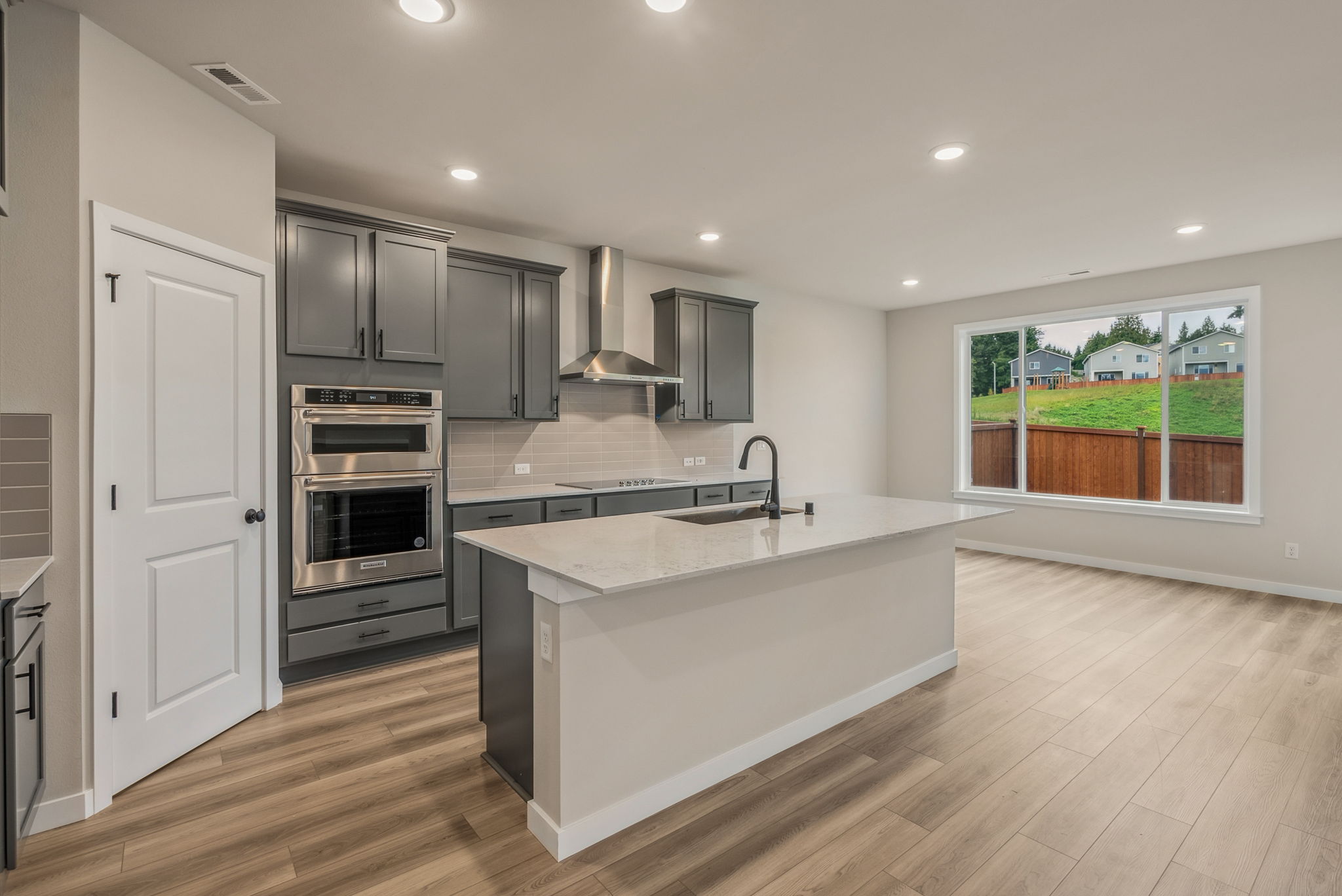 A kitchen with a large island.