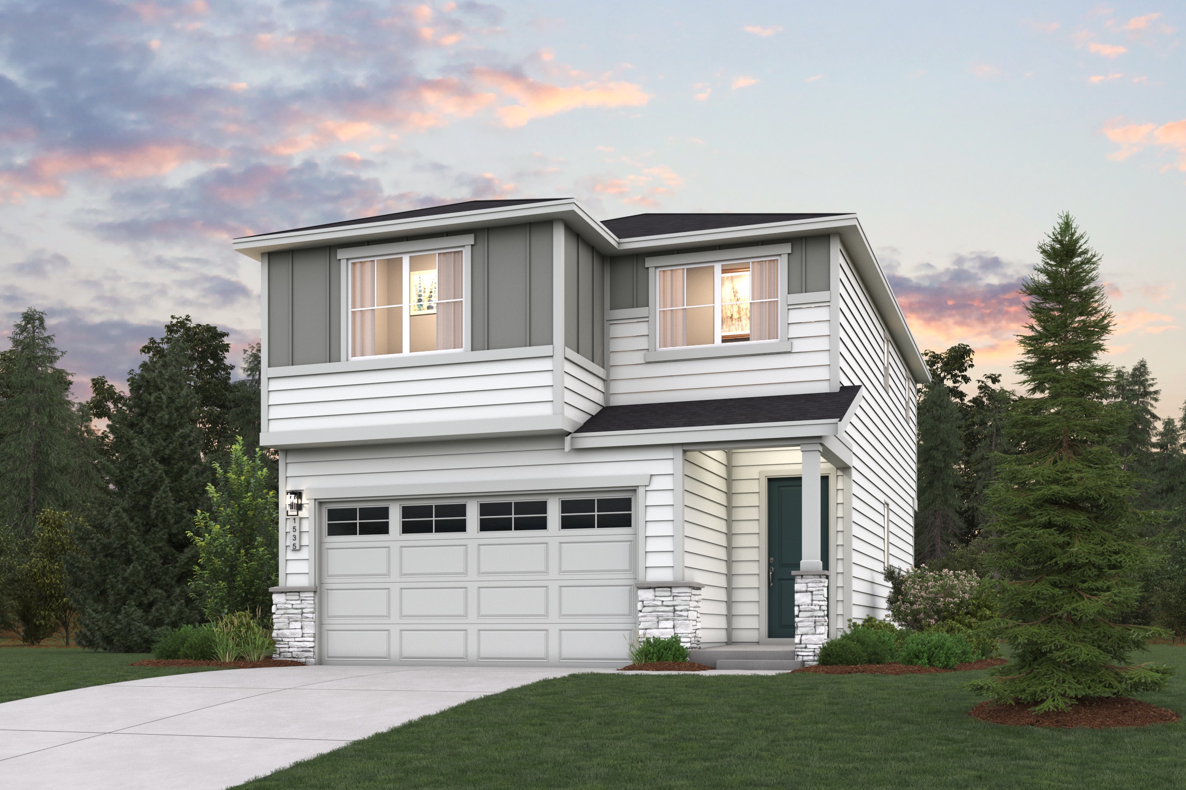 A house with a garage and trees around it.