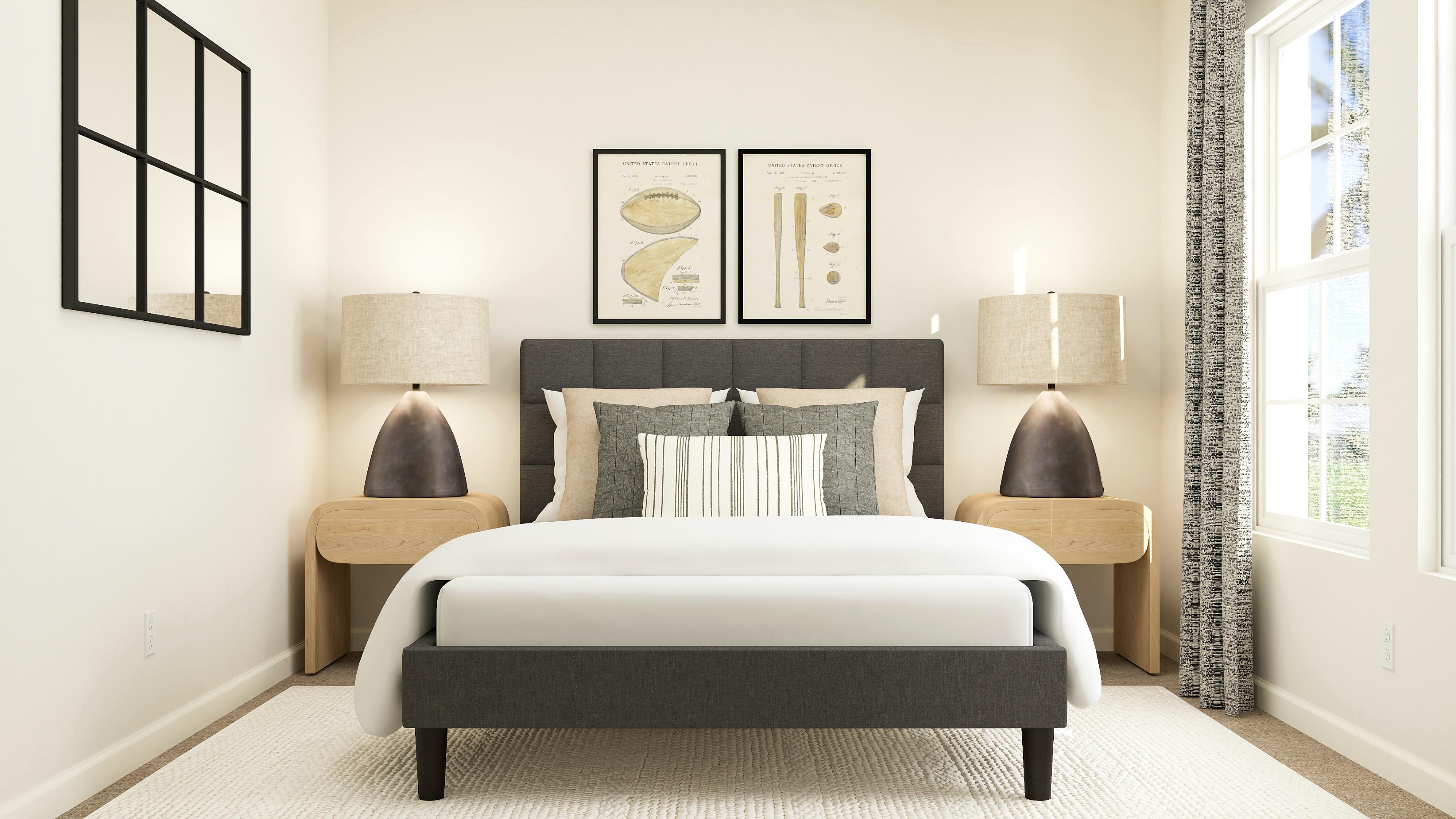 A room with a bed and lamps.