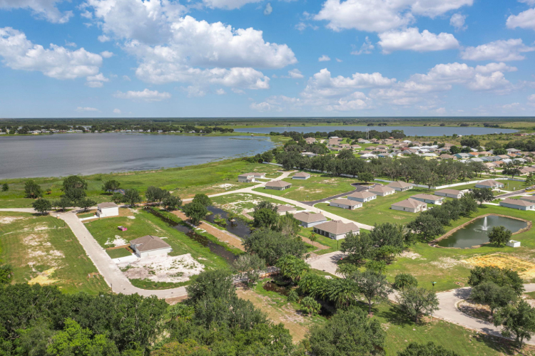 A landscape with trees and buildings.
