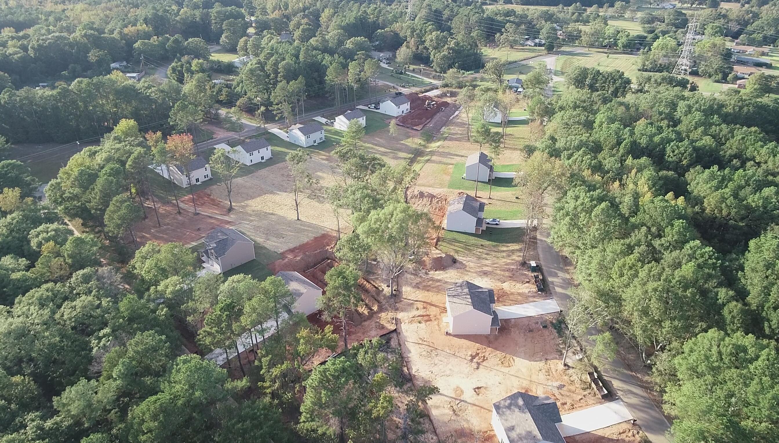 A group of houses surrounded by trees.