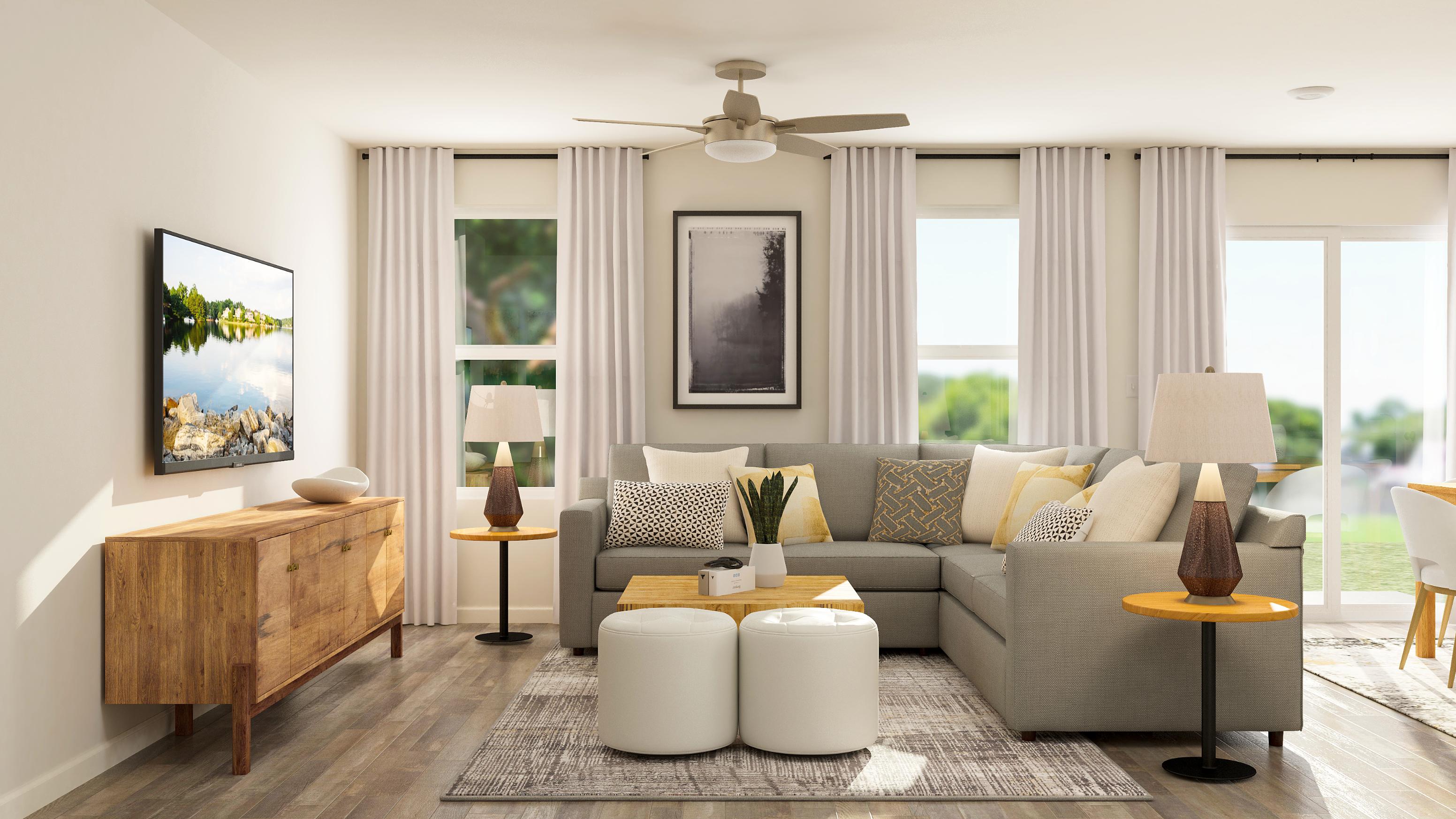 A living room with a couch and a table.