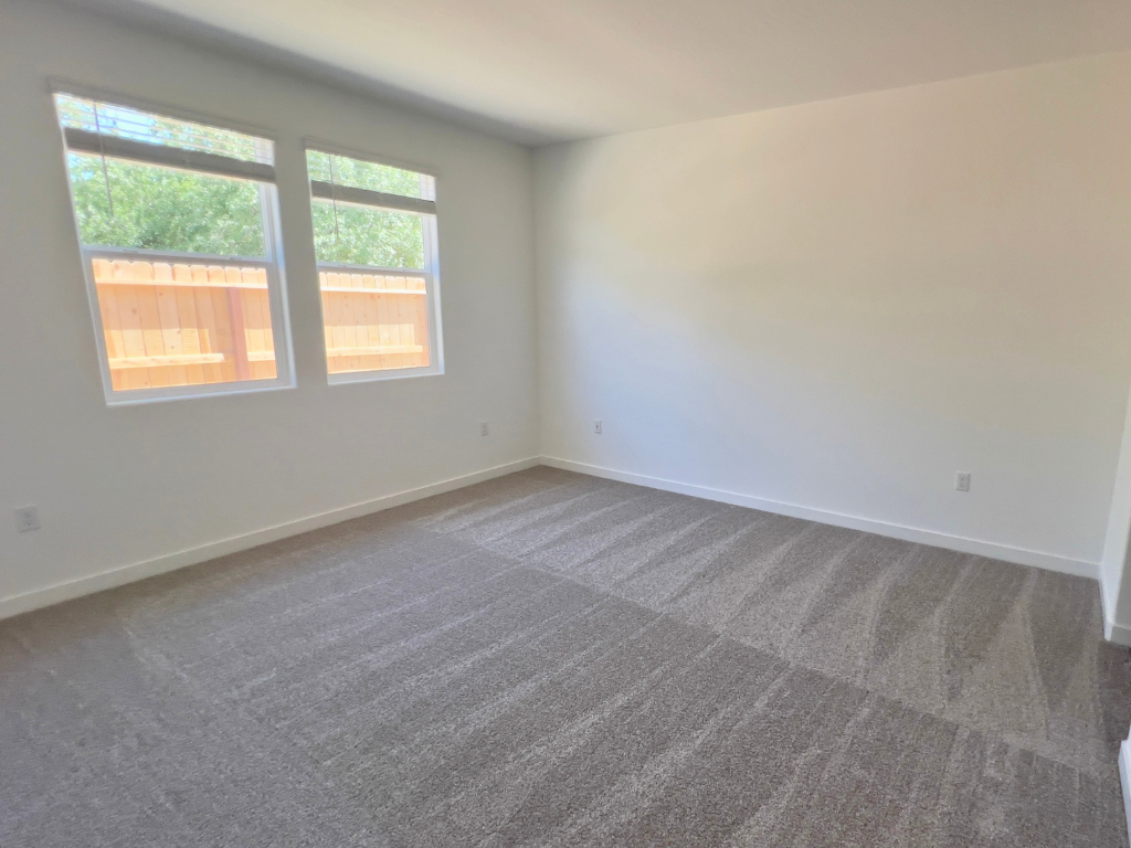 A room with a carpet and windows.